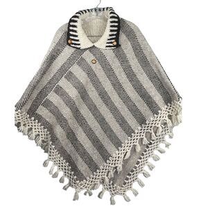Knit Poncho with Crochet Fringe hem, wood buttons, Neutral , hand made,‎ simple